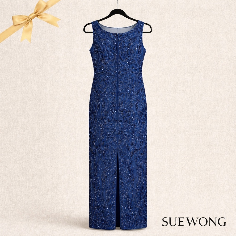 Sue Wong Embellished Blue Beaded Mesh Evening Gown Size 6